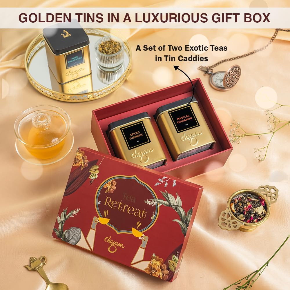 CHAYAM Herbal Tea Gift Box | Wellness Gift Set for Mother’s Day – Spiced Turmeric & Magical Cinnamon | 50g/1.77oz Each | Herbal Tea Hamper for Mom, Friends & Family | Ideal for Tea Enthusiasts