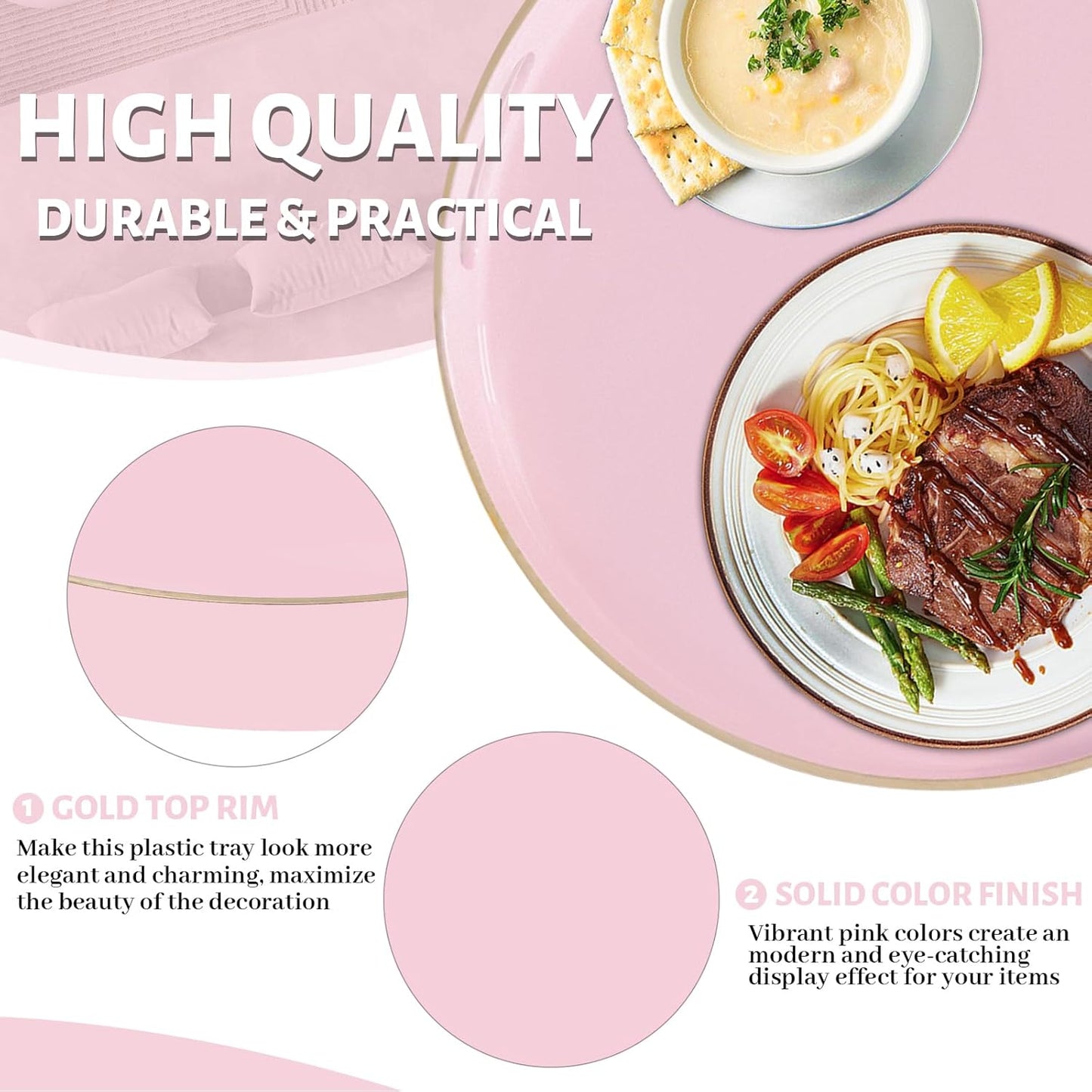 MAONAME 13" Round Tray, Pink Serving Tray with Handles, Modern Decorative Trays for Coffee Table, Plastic Ottoman Trays for Ottoman, Bathroom, Decor