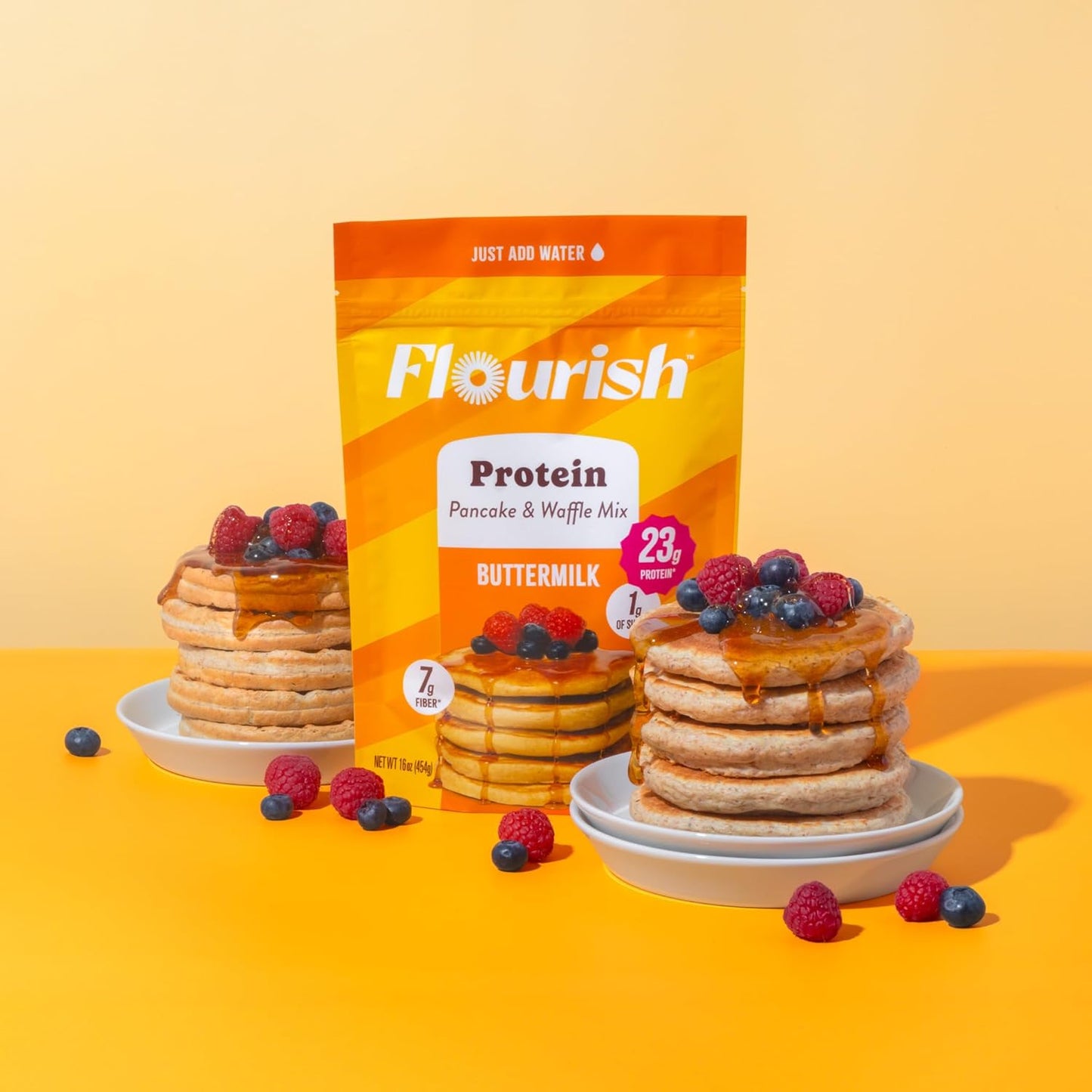 Flourish Protein Pancake & Waffle Mix, with Whey Protein & Flax Seed, No Added Sugar, High in Protein & Fiber - Just Add Water - Buttermilk Flavour, 430g (3 Pack) - Made in Canada