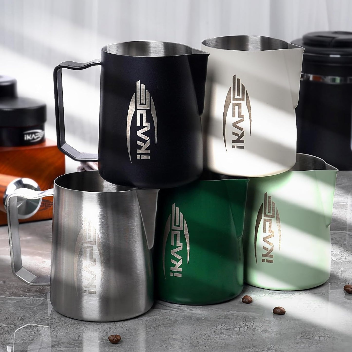 IKAPE Espresso Milk Pitcher, Espresso Steaming Pitcher with Sharp Spout for Espresso Barista Tool, 20.3 oz / 600ml Milk Frothing Jug (White)