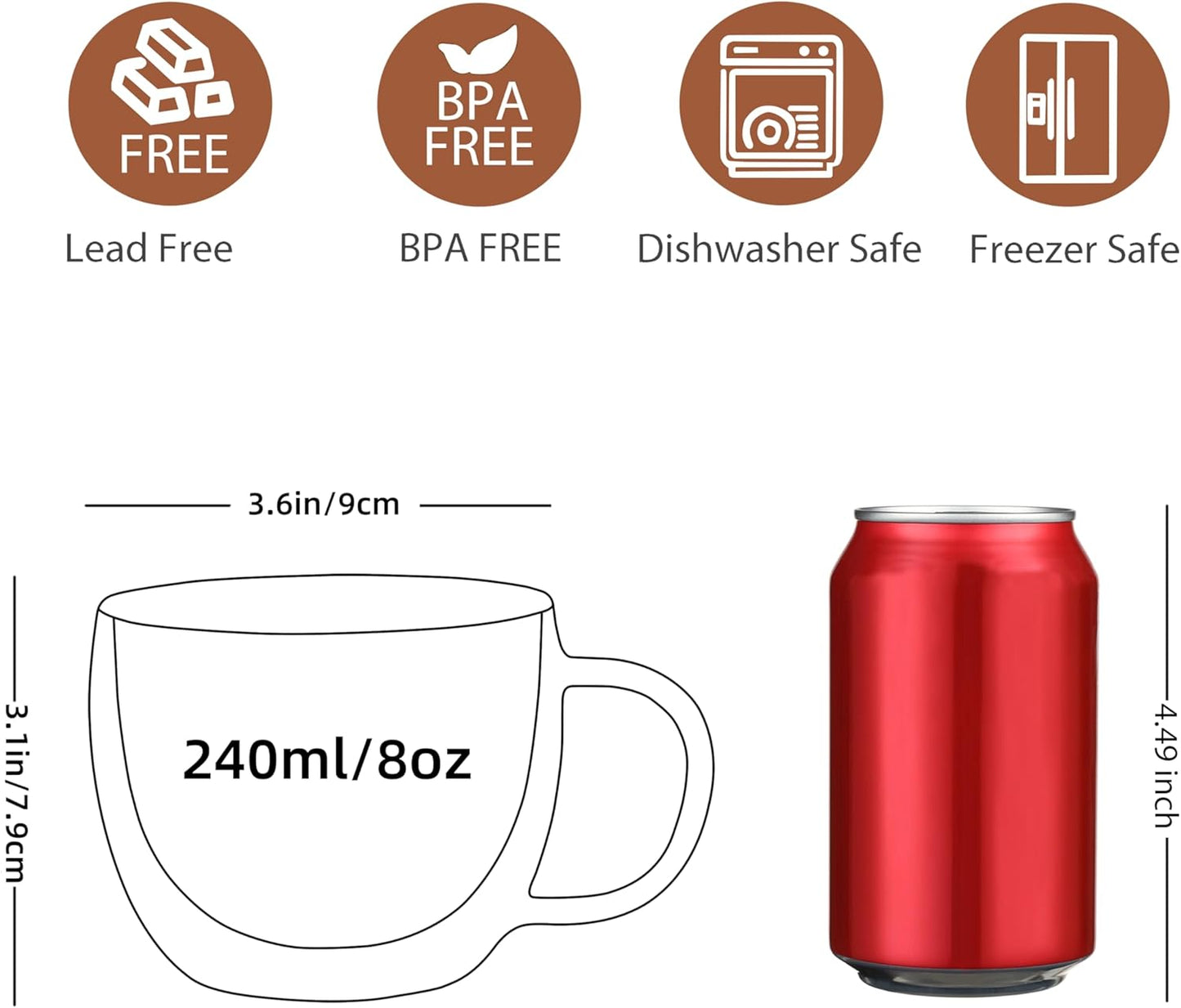 CNGLASS 8oz Double Wall Glass Coffee Mugs,Clear Insulated Espresso Glass Mugs with Handle for Latte,Cappuccino,Coffee,Set of 4