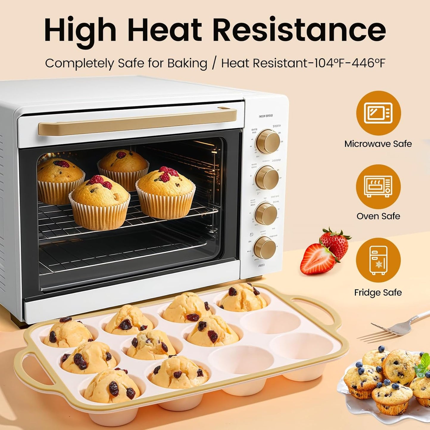 Silicone Muffin Pans for Baking 2 Pack, 2.6 Inch with Metal Reinforced Frame, Regular Size Nonstick Cupcake Pan 12 Cups for Baking Homemade Muffins, Dishwasher Safe BPA Free-Light Yellow