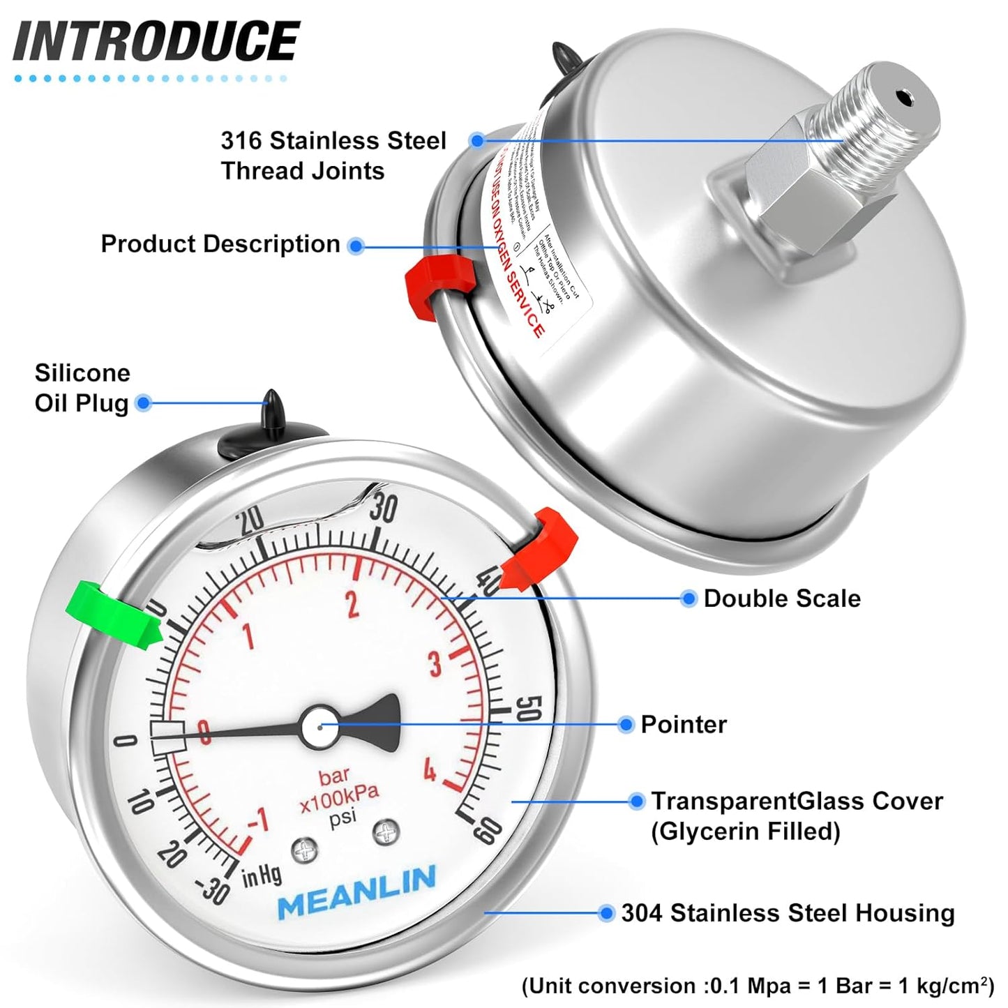 MEANLIN MEASURE -30inHG~60Psi Vacuum Pressure Gauge 316 Stainless Steel Joint 1/4" NPT 2.5" FACE DIAL, Stainless Steel Liquid Filled Pressure Gauge WOG Water Oil Air Back Mount, 2PCS Snaps