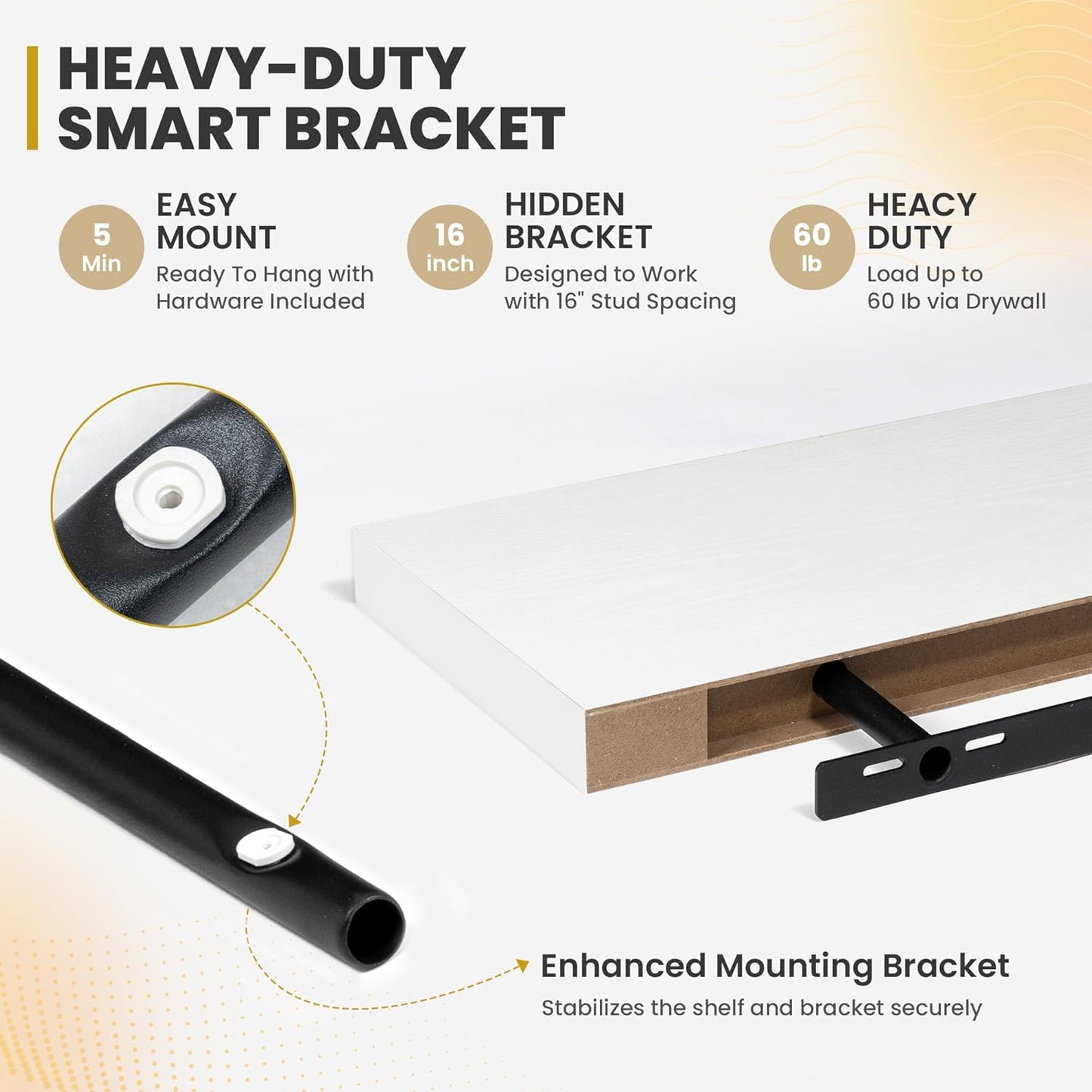 72 Inch Floating Shelves, 9.3" Deep Floating Shelf Wall Mounted, 72" Wall Shelves, Rustic Deep Bookshelf, Large Display Shelves & Storage Shelves for Bedroom, Living Room, White, Set of 1