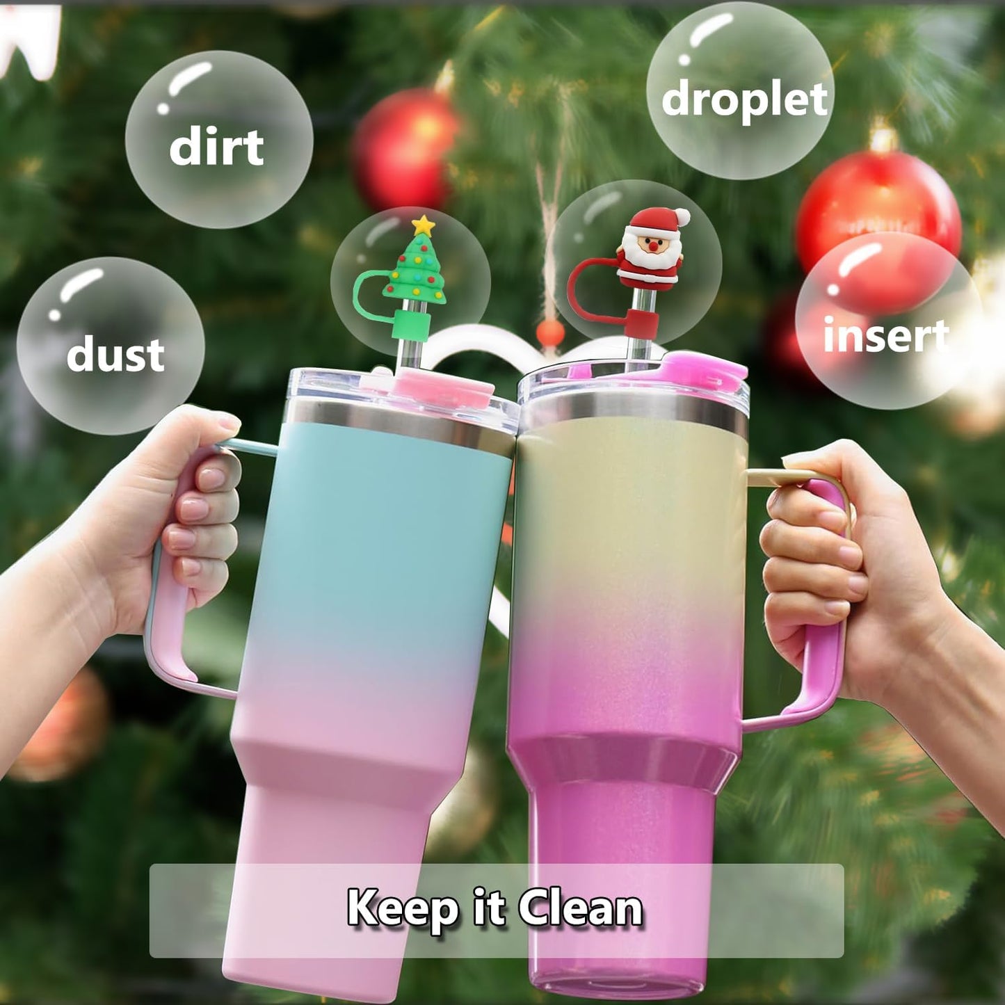 8PCS Christmas Straw Toppers for Stanley Cup Holiday Straw Cover for Stanley 30oz & 40oz Tumbler with Handle,10 mm Silicone Straws Topper Cap for Party Favor