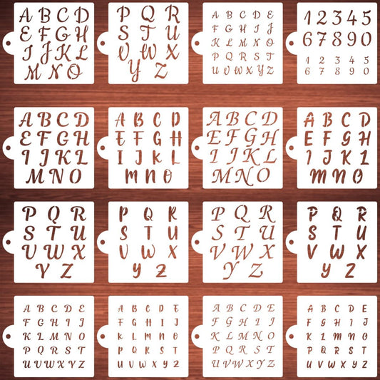 Alphabet Letter Stencils for Cookies Decorating - 16 Pack Letters Numbers Stencil Templates for Cakes Coffee Baking, Reusable Cursive Cookie Stencils for Wood Crafts Painting & Cake Coffee Airbrushing