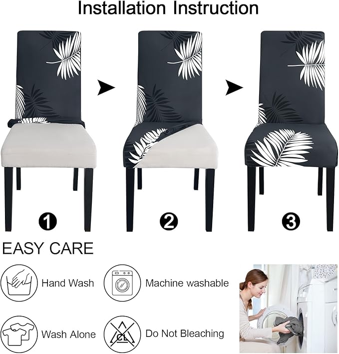 JQinHome Pattern Chair Covers for Dining Room Set of 4, High Stretch Removable Washable Parsons Chair Slipcover for Home Party Hotel Wedding Ceremony (Plume Black,4PCS)