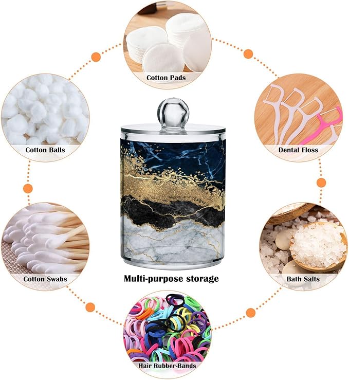 2 Pack Qtip Holder Dispenser Navy Blue Marble Bathroom Storage Canister Lid Acrylic Plastic Apothecary Jar Set Vanity Makeup Organizer for Cotton Swabs/Pads/Floss