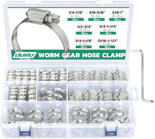 150PCS Hose Clamps Stainless Steel Assortment Adjustable 1/4"-1-1/2"(6-38mm) Worm Gear Hose Clamp, Heavy Duty Metal Small Hose Clamps for Automotive, Pipe, Radiator Plumbing, Fuel Line