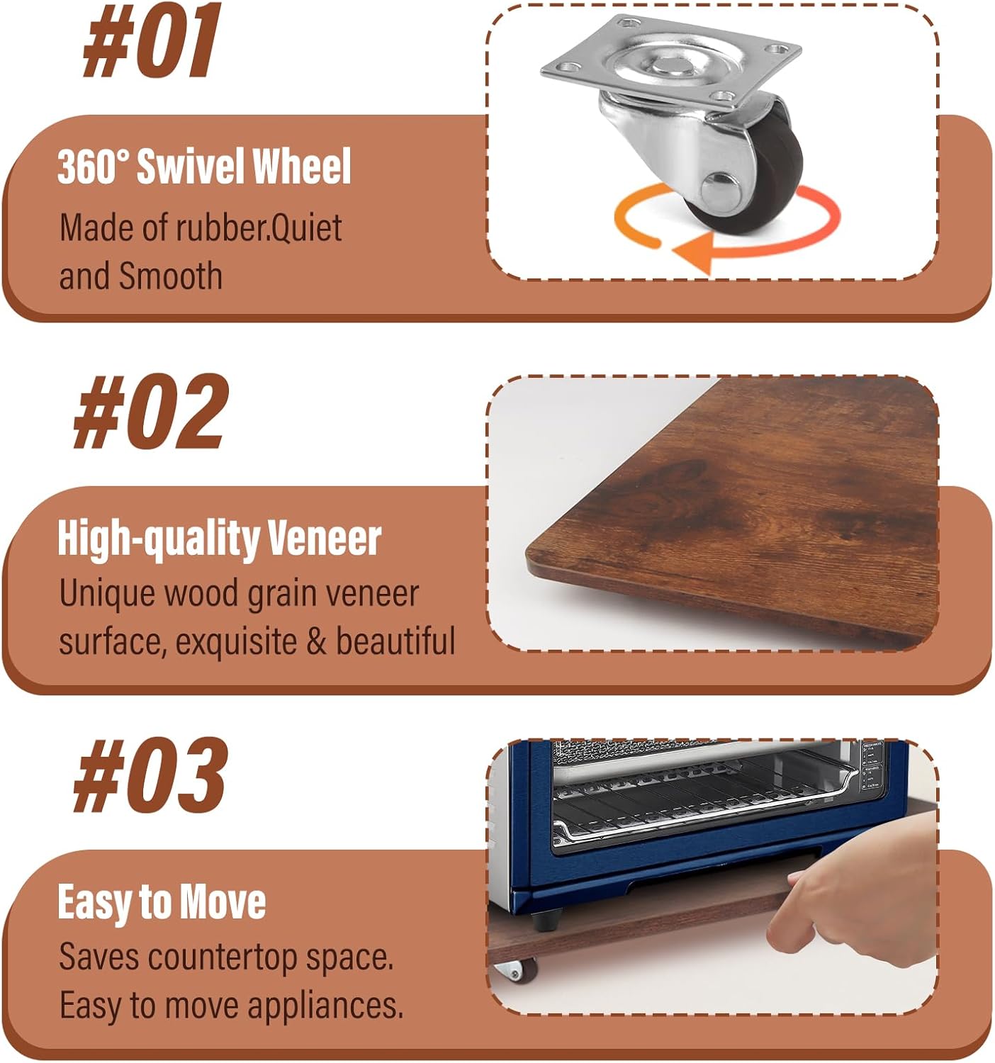 360° Appliance Slider Sliding Tray, Coffee Maker Rolling Tray for Counter Under Cabinet Coffee Pot Mat for Breville Ninja Espresso Machine, Toaster, Air Fryer, Quiet Wheels, Brown (Small 13"×9.4")