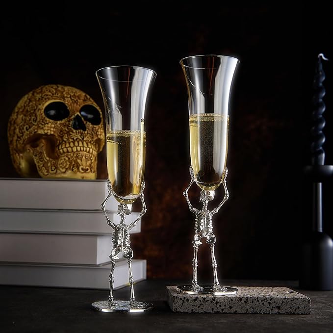 Stemmed Skeleton Champagne Flute Glasses Set of 2 | Gothic Halloween Drinkware | 7.5oz 10" Tall Skeleton Goblets for Haunted Parties, Spooky Wine Glass Set, Gothic Skeleton Decor & Unique Gift Idea