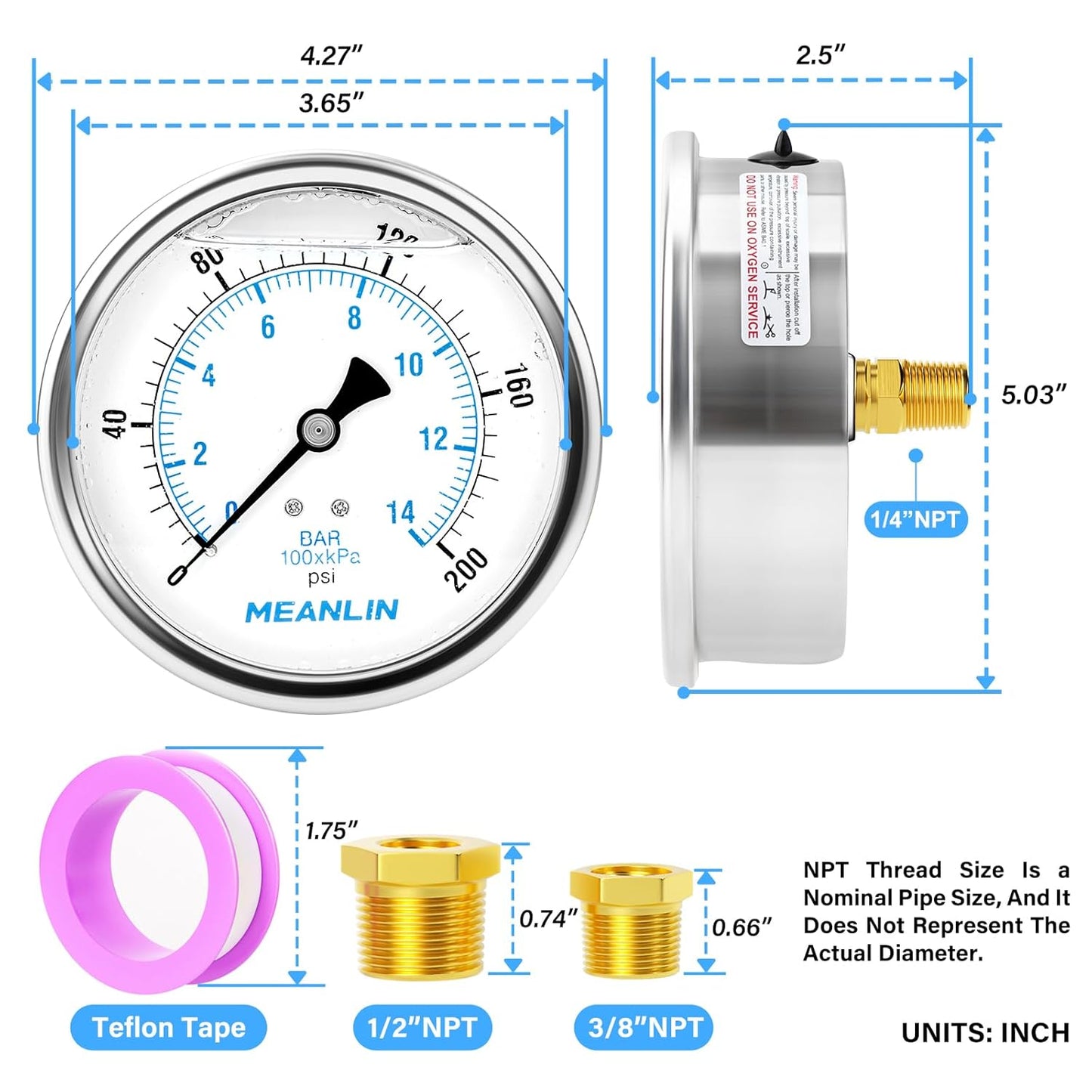 MEANLIN MEASURE 0~200Psi Stainless Steel 1/4" NPT 4" FACE DIAL Liquid Filled Pressure Gauge WOG Water Oil Air Back Mount, with 1/4" x 1/2" NPT and 1/4" x 3/8" NPT Hex Bushing