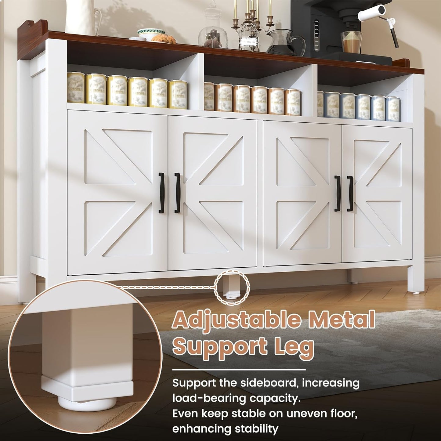 Buffet Cabinet with Storage Farmhouse with 4 Doors and 3 Open Compartments, 55'' Large Kitchen Storage Cabinet White Wood Coffee Bar Buffet Sideboard for Kitchen, Dining Room, Living Room