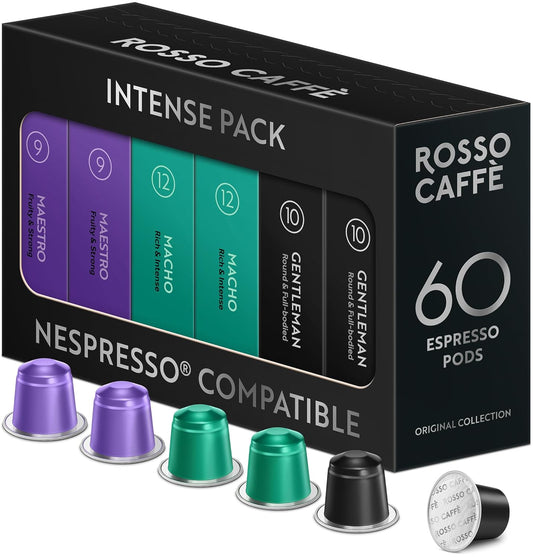 ROSSO CAFFÈ 60 Espresso Coffee Pods for Nespresso Original Machines - Pack of Rich and Bold Capsules, 3 Premium Intense Dark Flavors