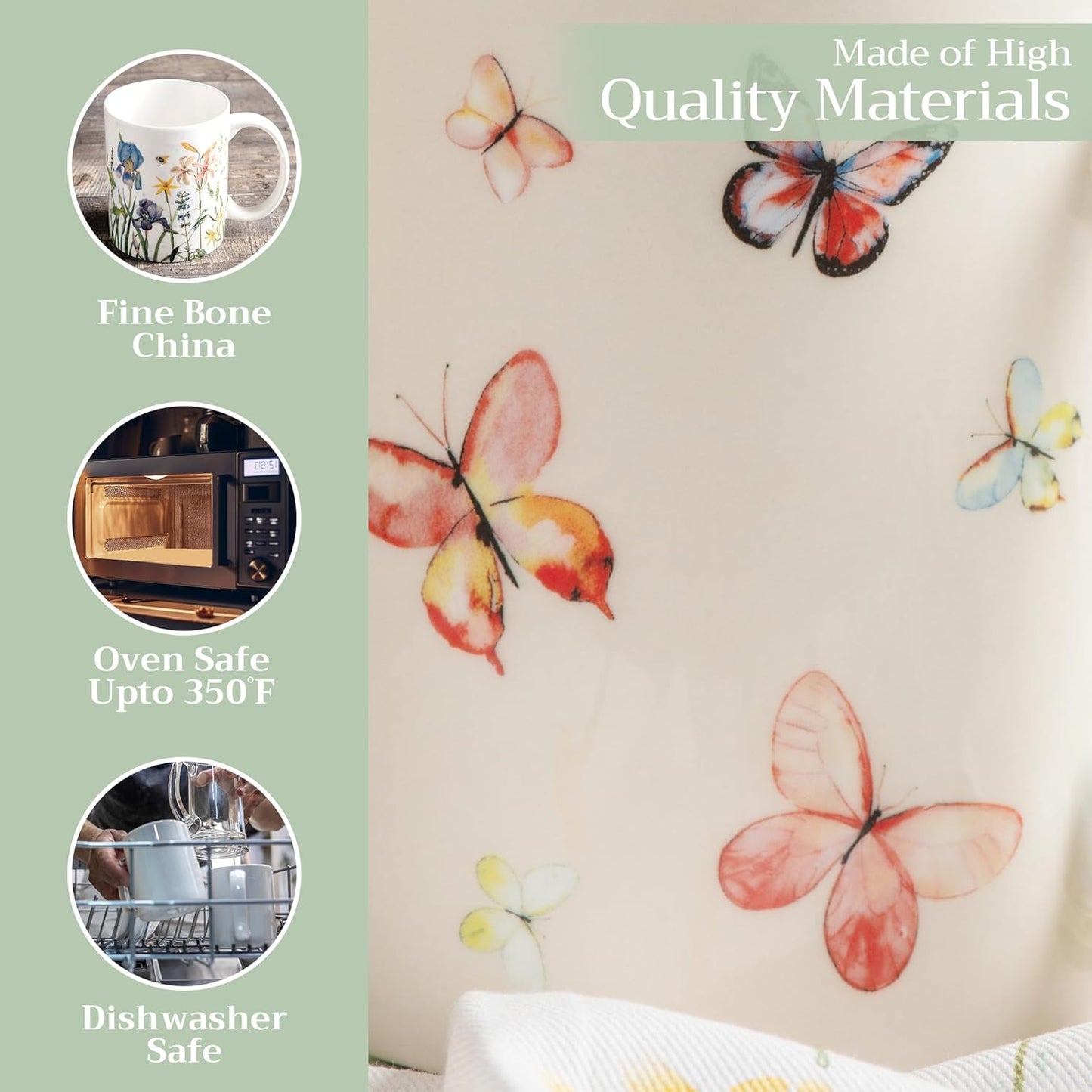 Maison d' Hermine Coffee Mug with Handles Fine Bone China Mugs Pack of Two Tea Cups for Hot Beverages Cappuccino Latte Home Restaurant Office Perfect for Gift (Botanical Fresh, 15 Ounce)