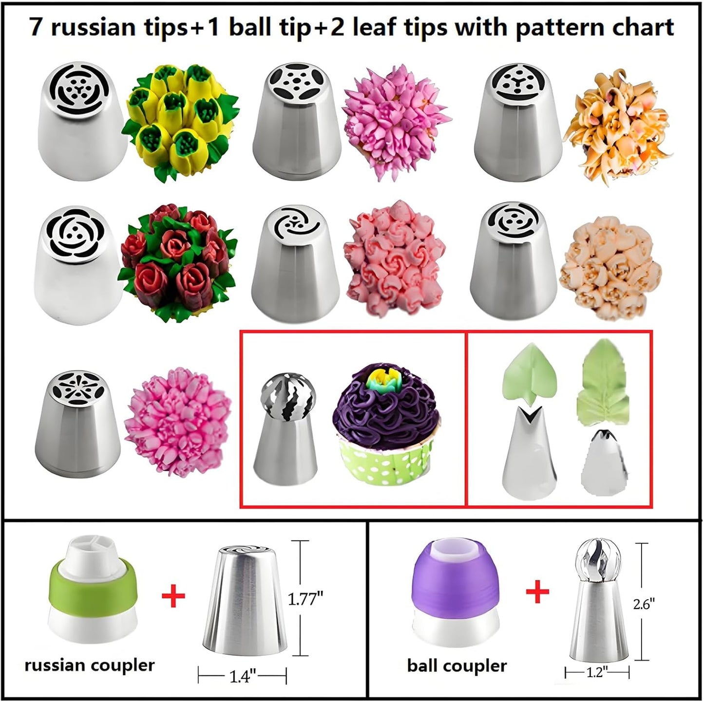 130 Pcs Piping Bags and Tips Set with 48 Numbered Icing Tips,7 Russian Tips,1 Ball Tip,2 Leaf Tips,Pattern Chart,8 Carved Pens,4 Couplers,6 Ties,50 Disposable Pastry Bags for Cake Decorating