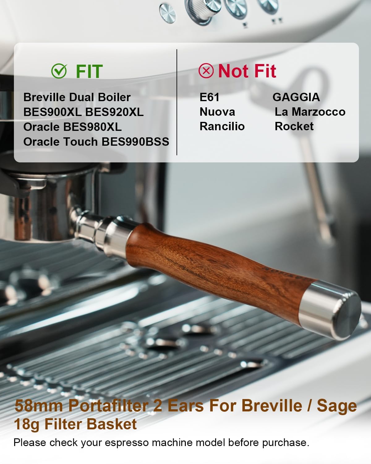 Bottomless Portafilter 58mm Fit Breville, 2 Ears Slim Naked Portafilter Fits Breville Espresso Machines BES900XL, BES920XL, BES980XL, BES990BSS with 18g Double Shot Filter Basket, Puck Screen-Rosewood