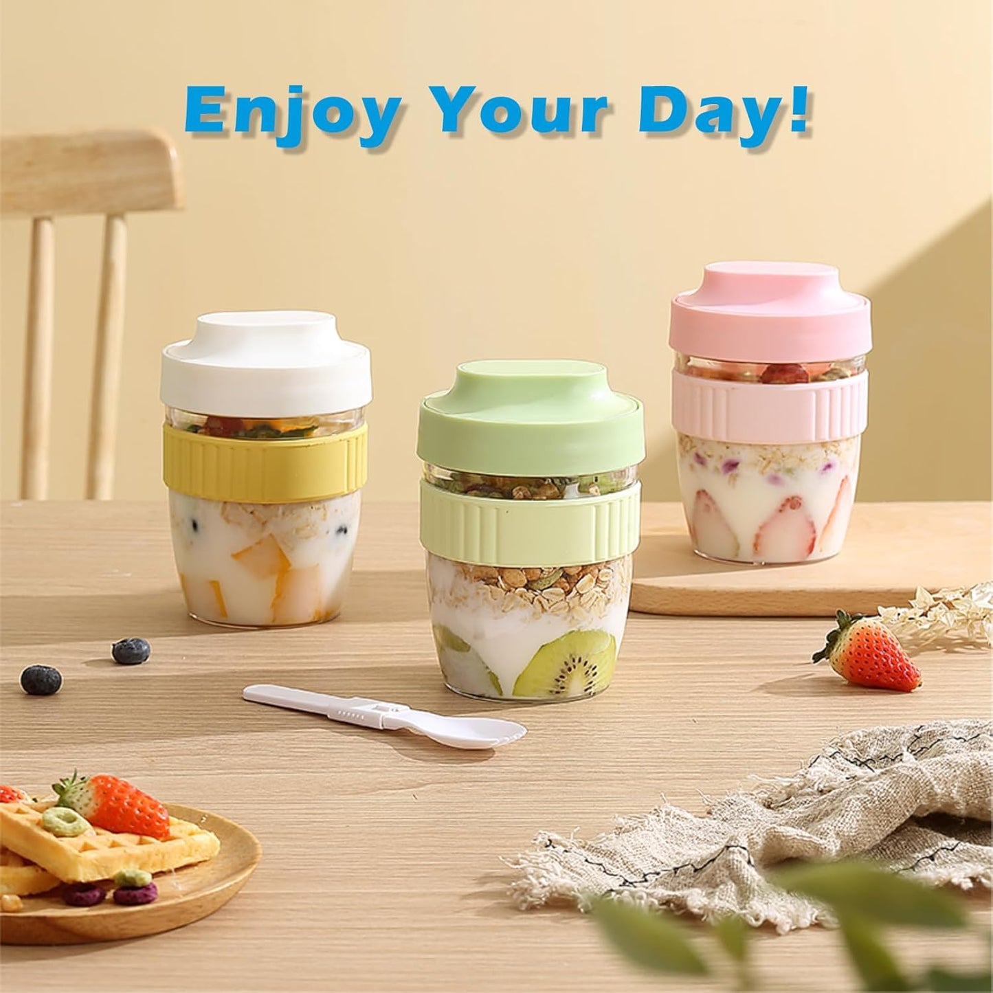 Breakfast On The Go Cups, Overnight Oats Containers With Lid And Folding Spoon, Take And Go Yogurt Cereal Snack Parfait Salad Containers For Lunch, Fruit & Vegetable Jar, 20 oz(Green)