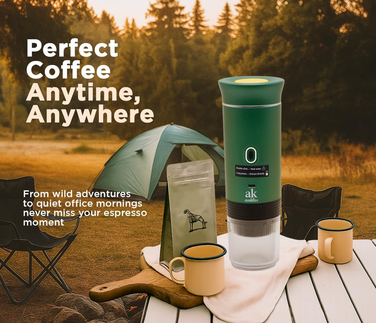 3-in-1 Portable Coffee Maker – Electric Espresso Machine for Travel – Compatible with Ground Coffee, NS & DG Capsules – USB-C Rechargeable Portable Espresso Maker (Green)