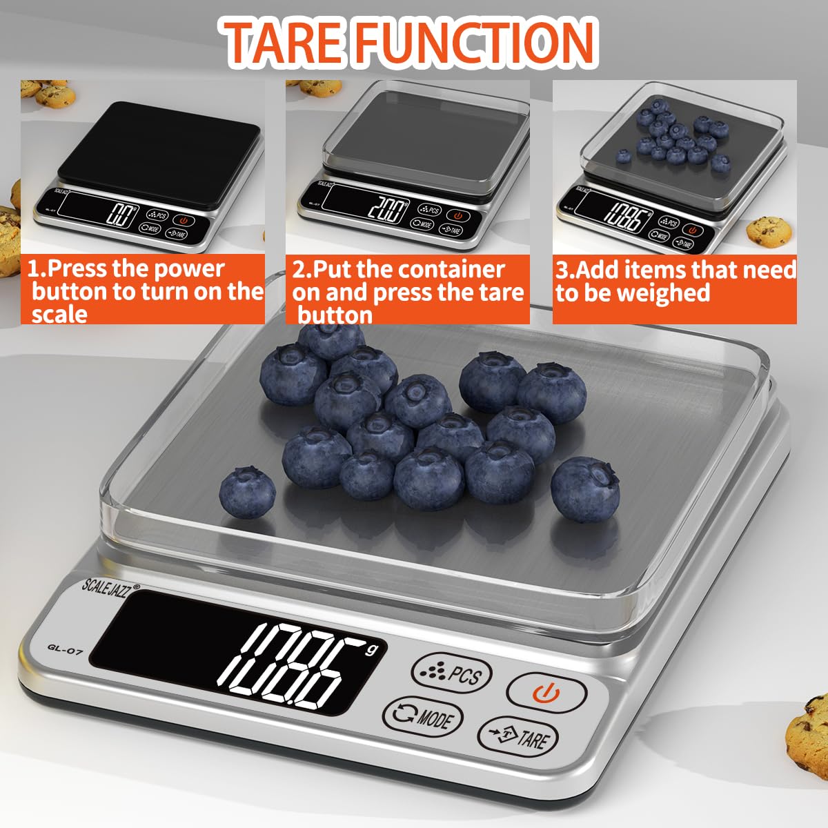 Mini Scale,6.6lb Scale for Grams,Digital Scale Food，Cooking Scale and Food Scales for Kitchen，Food Scale Grams and Ounces,Grams Scale,7Units,Auto Off,Tare,PCS,LCD Display