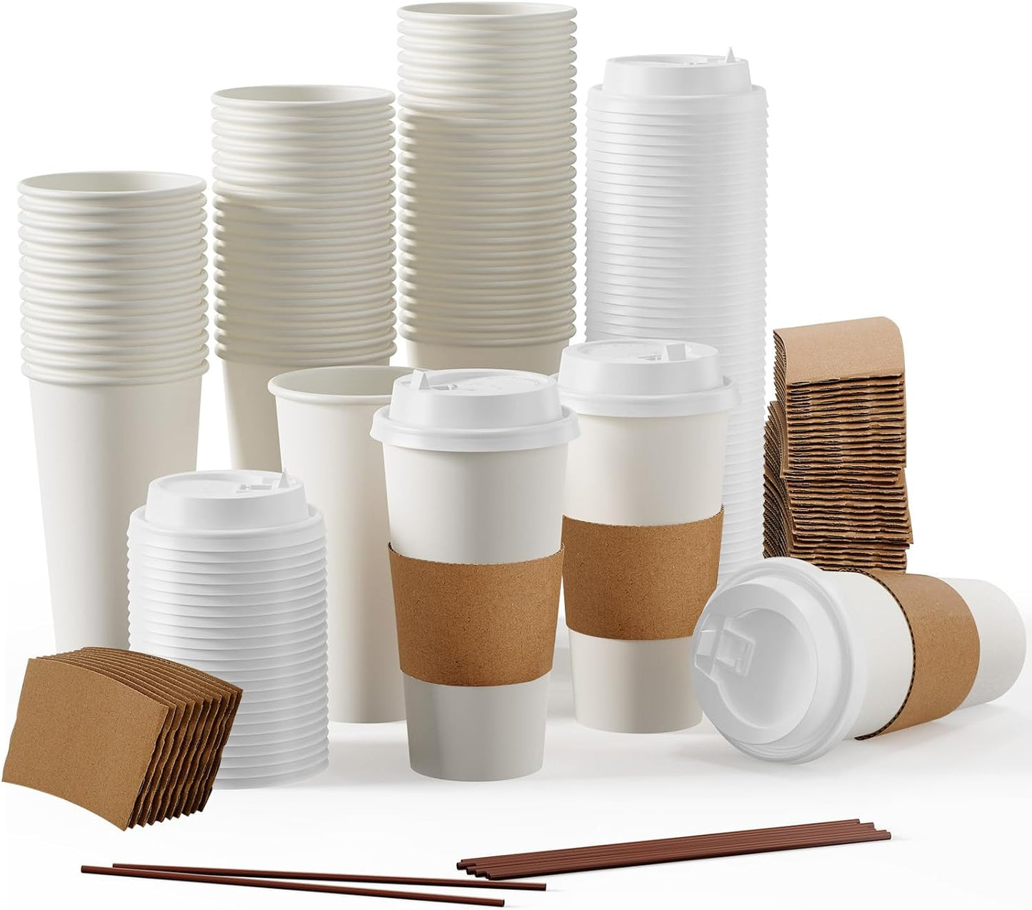 JOLLY PARTY [50 Pack] 20 oz Paper Coffee Cups, Disposable Paper Coffee Cup with Lids, Sleeves, and Stirrers, Hot/Cold Beverage Drinking Cup for Water, Juice or Tea, Suitable for Home, Shops and Cafes