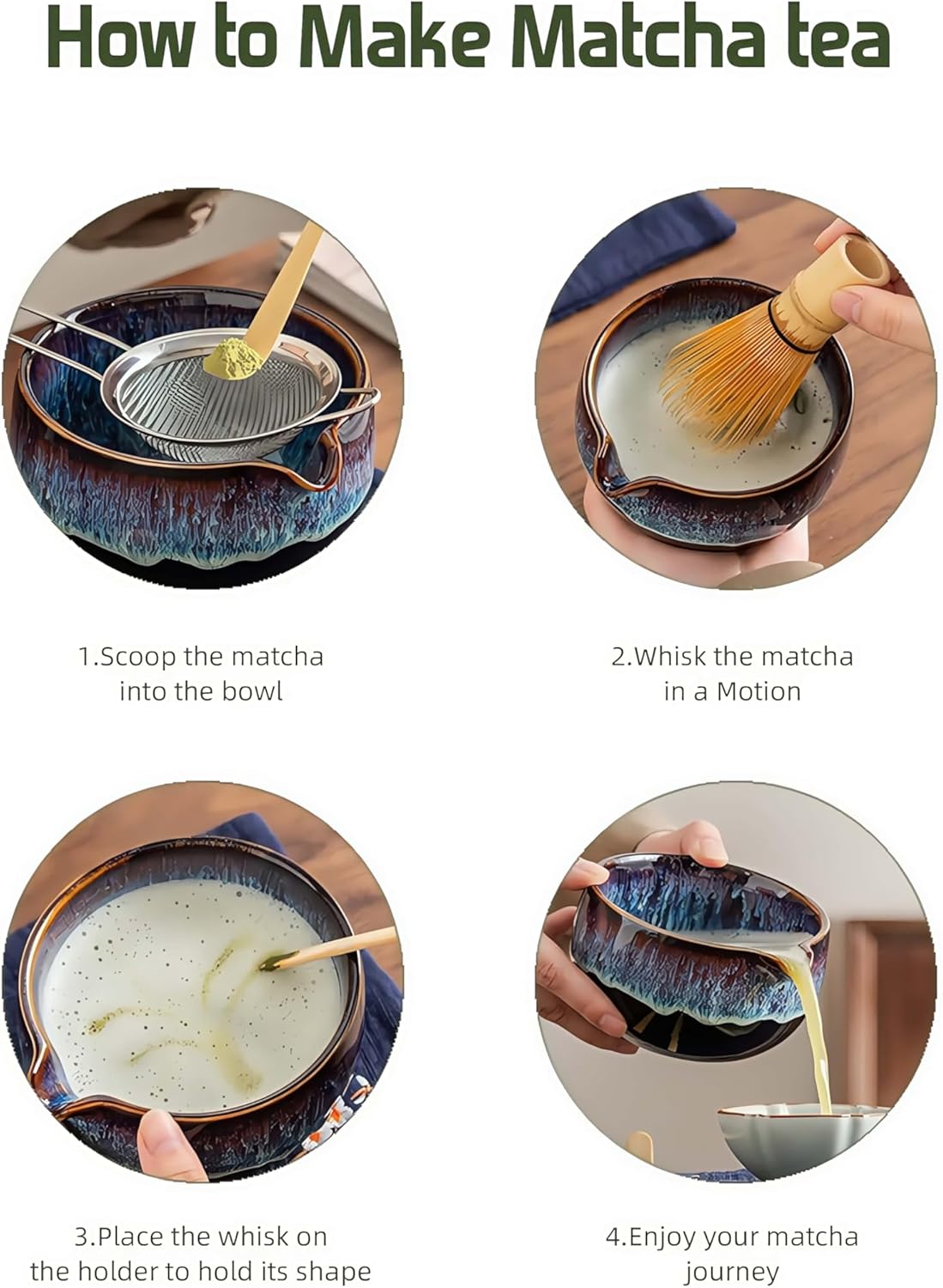 Matcha Whisk Set with Ceramic Bowl - Bamboo Whisk (Chasen), Scoop, Sifter & Holder - Complete Kit for Traditional Matcha Tea - Unique Gifts for Women, Men, Tea Lovers (Luminous-Auric-Sands)