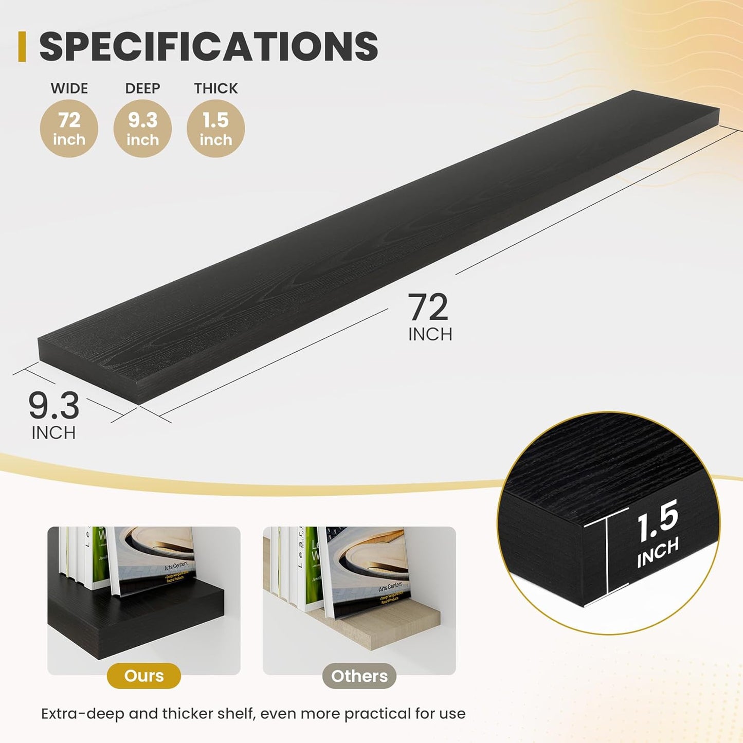 72 Inch Floating Shelves, 9.3" Deep Floating Shelf Wall Mounted, 72" Wall Shelves, Rustic Deep Bookshelf, Large Display Shelves & Storage Shelves for Bedroom, Living Room, Black, Set of 1