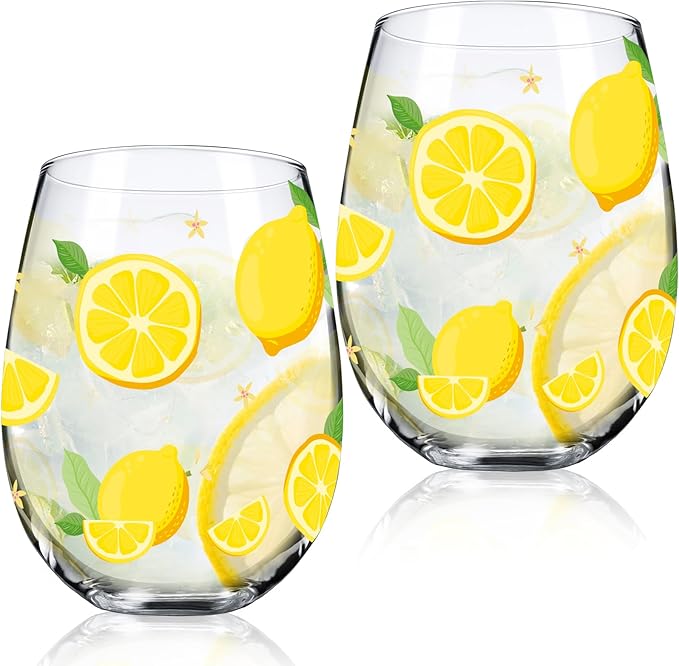 Sliner 2 Pack Lemon Stemless Wine Glasses 17oz Lemon Drinking Glasses Clear Stemless Wine Tumbler Unique Gift for Wedding, Mother's Day Birthday Drinking Party
