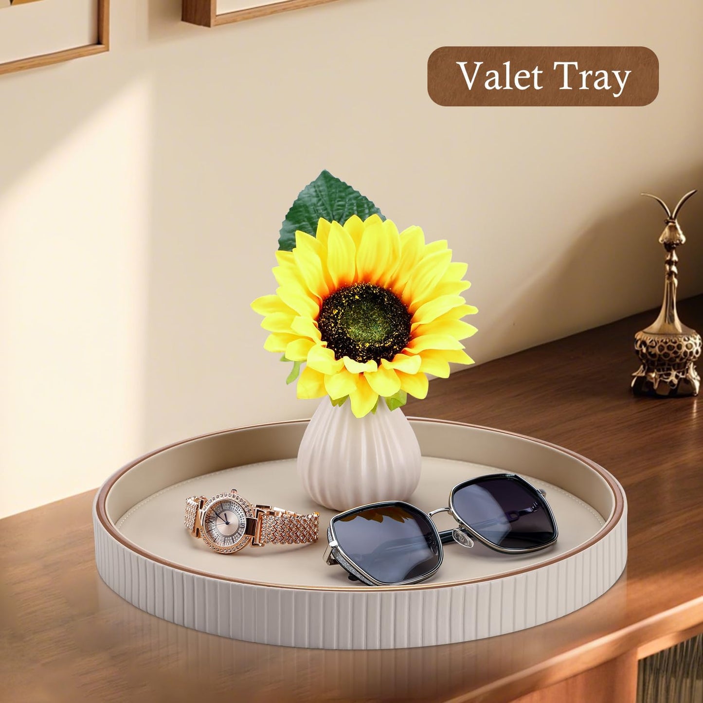 GORESE Round Decorative Tray for Coffee Table Decor, 12" PU Leather Serving tray Table Centerpiece Home Decor, Desk Valet Tray for Trinket Jewelry Perfume Key, Ottoman Tray Nightstand Organizer, Biege