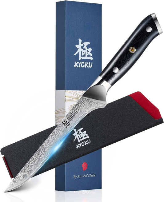 KYOKU Gin Series Boning Knife, 7" Butcher Knife, Japanese VG10 Damascus Stainless Steel Kitchen Knife with Silver Ion Blade G10 Handle Mosaic Pin, Multipurpose Fillet Knife for Meat Fish & More
