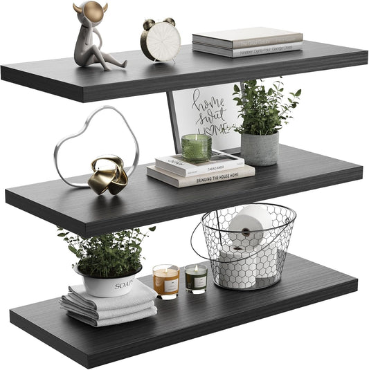 Wall Shelf Set of 3,Dark Wood Floating Shelves 24 in W x 10 in D x 1 in H, Wooden Floating Wall Shelf with Invisible Brackets for Living Room/Bedroom/Bathroom/Kitchen Storage and Decor