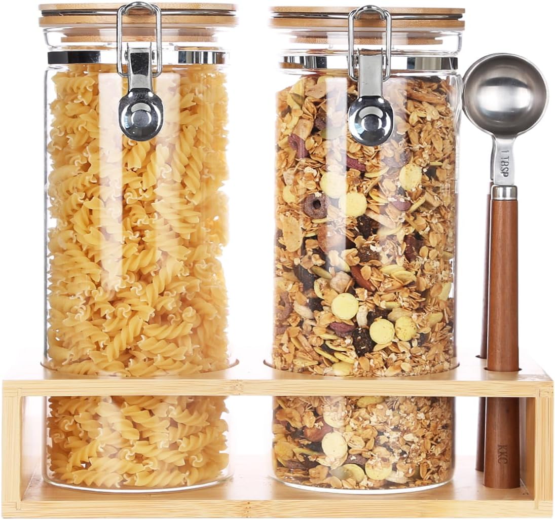KKC Airtight Tall Glass Coffee Sugar Jar Canisters with Hinged Lids and Scoops for Kitchen Countertop,Sealed Glass Containers for Ground Coffee, Beans,Brown Sugar,Loose Tea,Cereal,Oatmeal,Flour