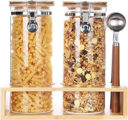 KKC Airtight Tall Glass Coffee Sugar Jar Canisters with Hinged Lids and Scoops for Kitchen Countertop,Sealed Glass Containers for Ground Coffee, Beans,Brown Sugar,Loose Tea,Cereal,Oatmeal,Flour