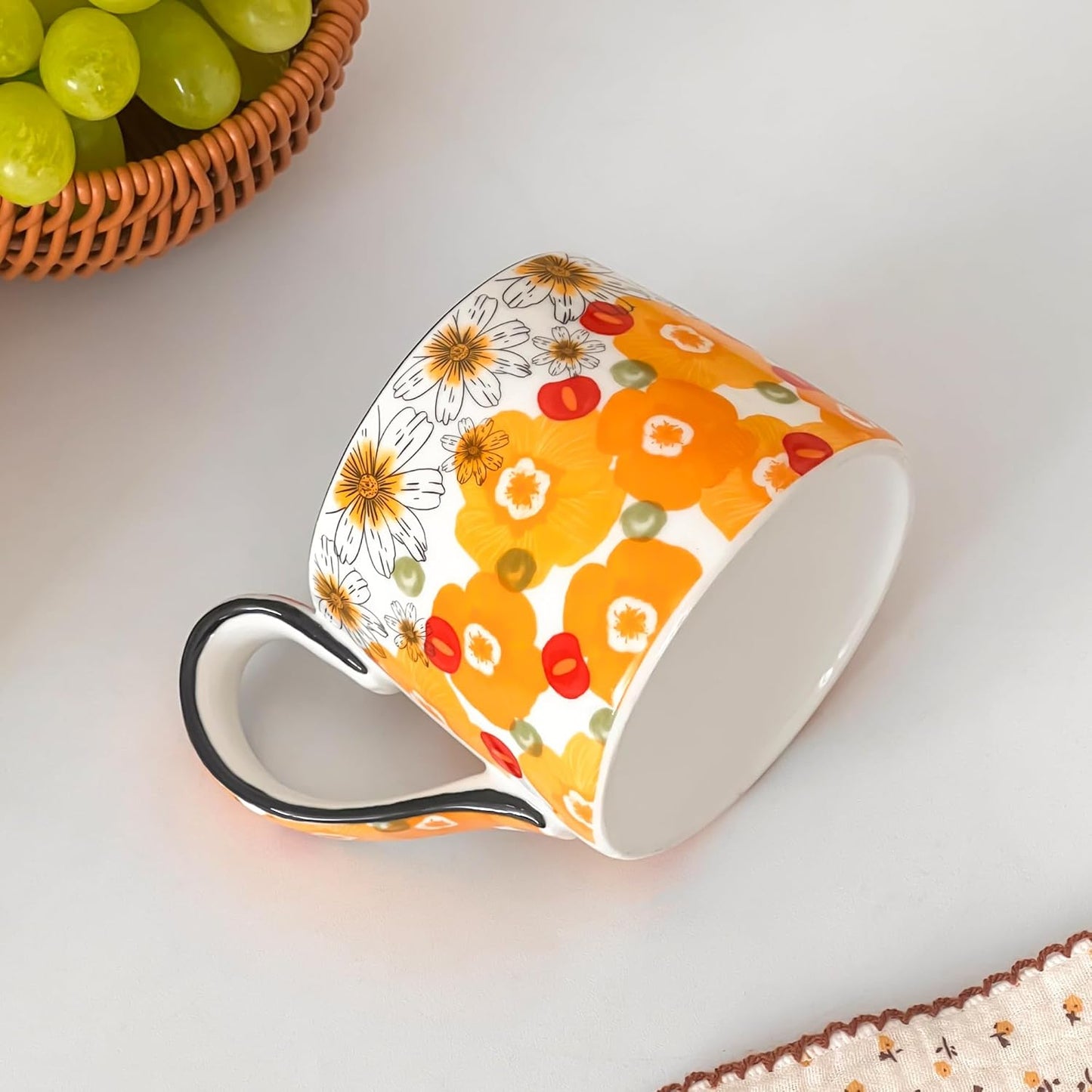 Ceramic Coffee Mug, 12oz Cute Floral Coffee Mugs with Large Handle, Orange Flower Design Stoneware Tea Cup for Office and Home