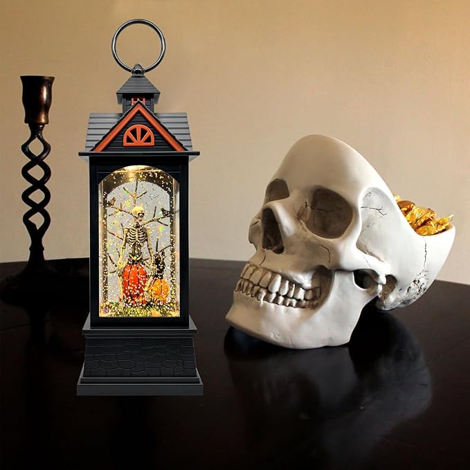 Halloween Snow Globe Lantern with 6 Hour Timer,Halloween Decorations Indoor for Home,Halloween Decor,USB or Battery Powered for Halloween Lanterns,Halloween Skeleton-B