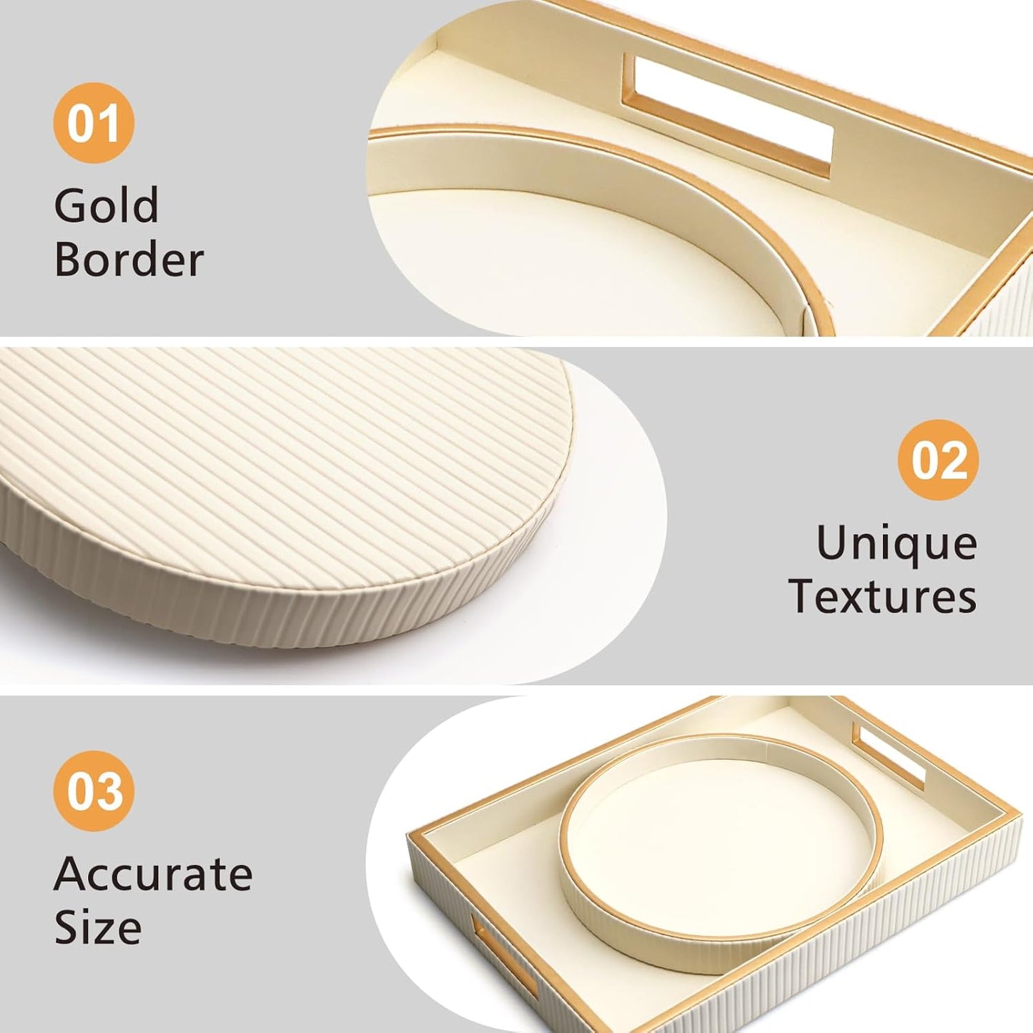 SANZIE Leather Tray Desktop Storage Organizer Premium Serving Tray Decorative Tray Valet Tray for Sundries Cosmetics Phone Wallet Cutlery, Circle + Rectangular, White