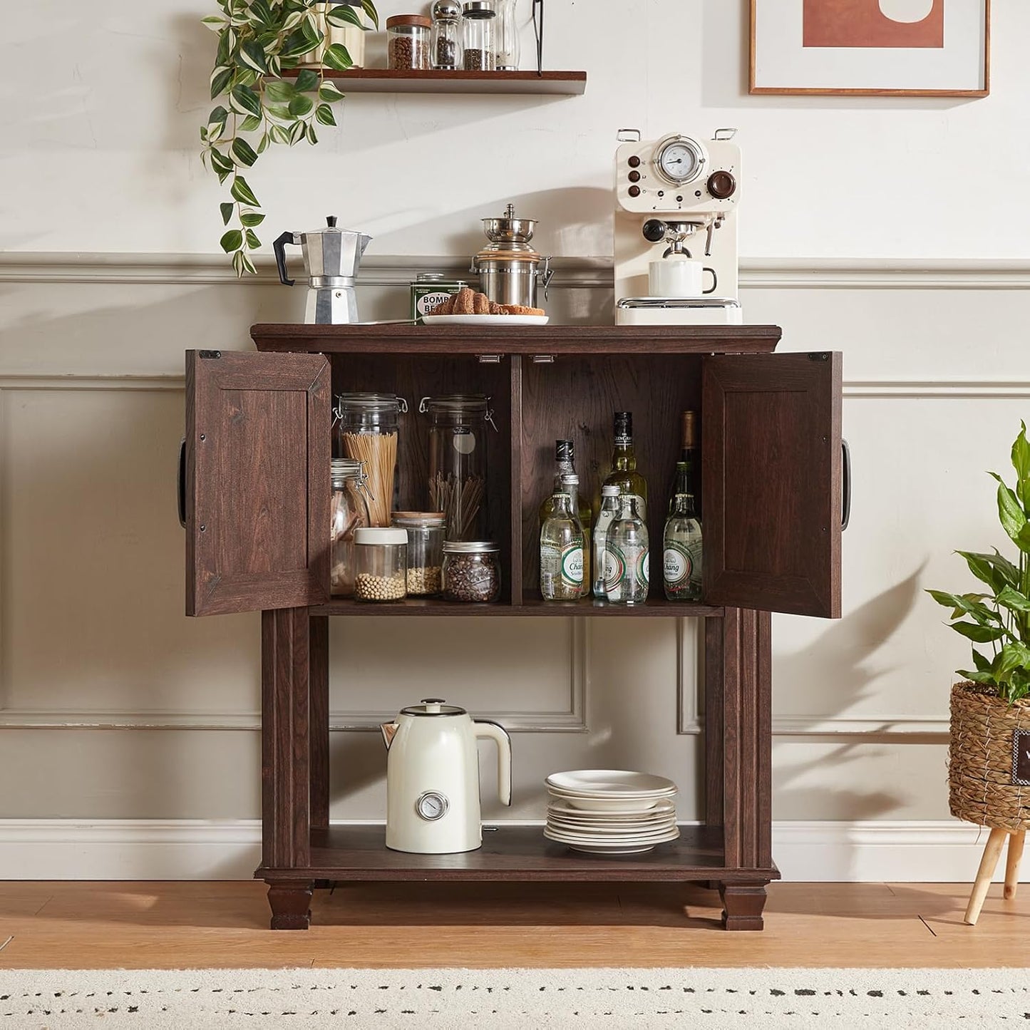 Farmhouse Kitchen Cabinet with 2-Door, Small Sideboard Buffet Cabinet with Open Shelf, Coffee Bar Station with Storage for Kitchen, Dining Room, Walnut