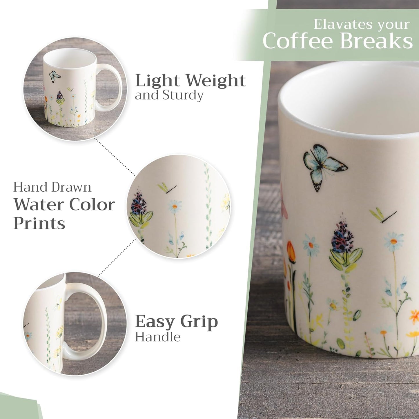 Maison d' Hermine Coffee Mug with Handles Fine Bone China Mugs Pack of One Tea Cups for Hot Beverages Cappuccino Latte Home Restaurant Office Perfect for Gift (Botanical Fresh - Meadow, 15 Ounce)