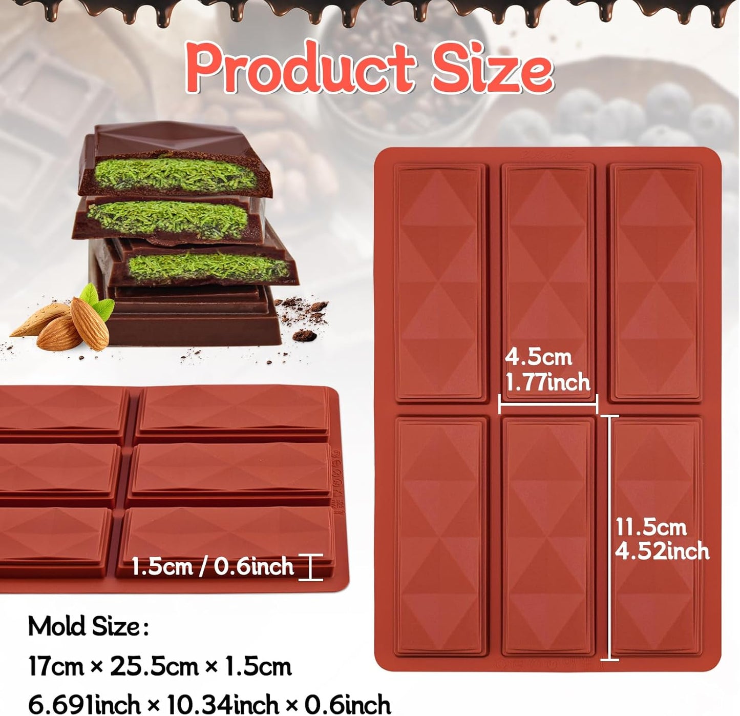 Chocolate Bar Molds Mini Non Stick 2 Pack,Thick Food Silicone Mold for Stuffed Candy Dubai Knafeh Pistachio Granola Bar and Pastry Snacks