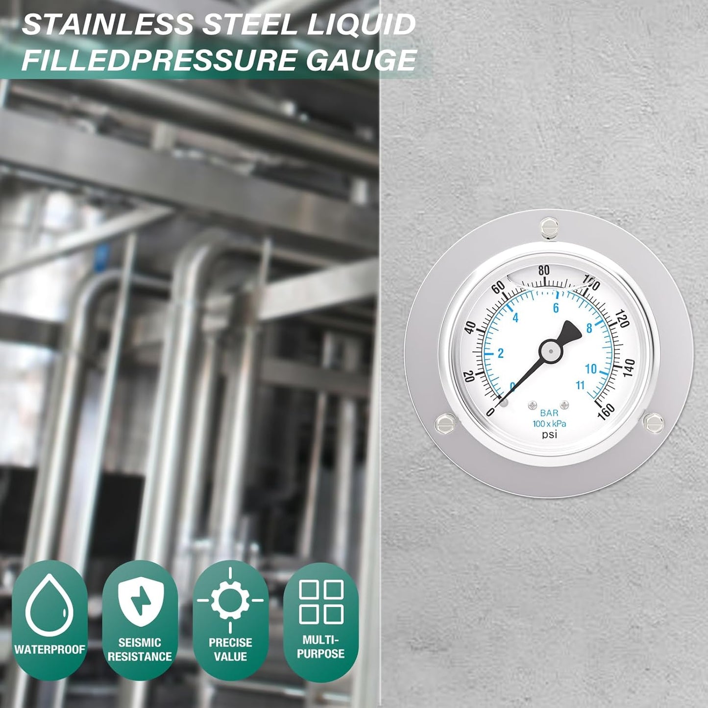 0-160PSI Panel Mount Front Flanged Glycerin Filled Pressure Gauge, 2.5" Dial Size, 1/4" MNPT Back Mount, Stainless Steel Case, with Phillips Screw and Nut, for Water, Gas, Liquid Pressure