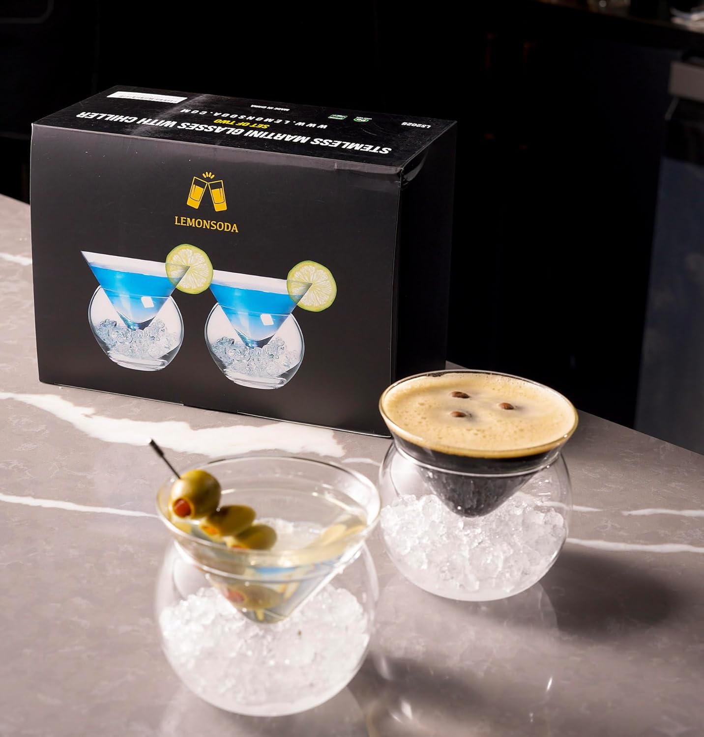 LEMONSODA Stemless Martini Glasses with Chiller - Elegant Cocktail Glass Set with Cavier Server Bowl - Beautiful Bar Martini Gift Set for Margarita, Cosmopolitan, Manhattan Cocktails (Set of 2)