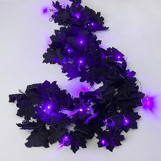 RECUTMS Halloween Maple Leaf Garland with Purple Lights - Black Artificial Leaves Decor for Home Mantle, Stairs, Indoor/Outdoor - 2 Pack