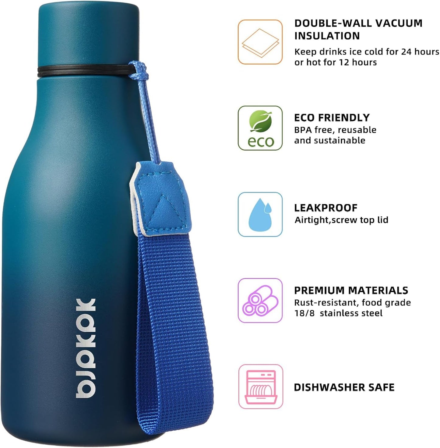 BJPKPK Insulated Water Bottles, 12oz Stainless Steel Metal Water Bottle with Strap, BPA Free Leak Proof Thermos, Mugs, Flasks, Reusable Water Bottle for Sports & Travel, Sea