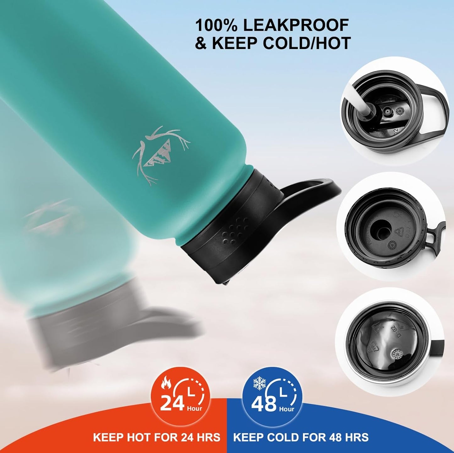 NATURE PIONEOR Insulated Water Bottles with Carrier Holder Sleeve - 32 ounce Stainless Steel Water Bottle with 3 Lids,straw,Keeps Hot and Cold