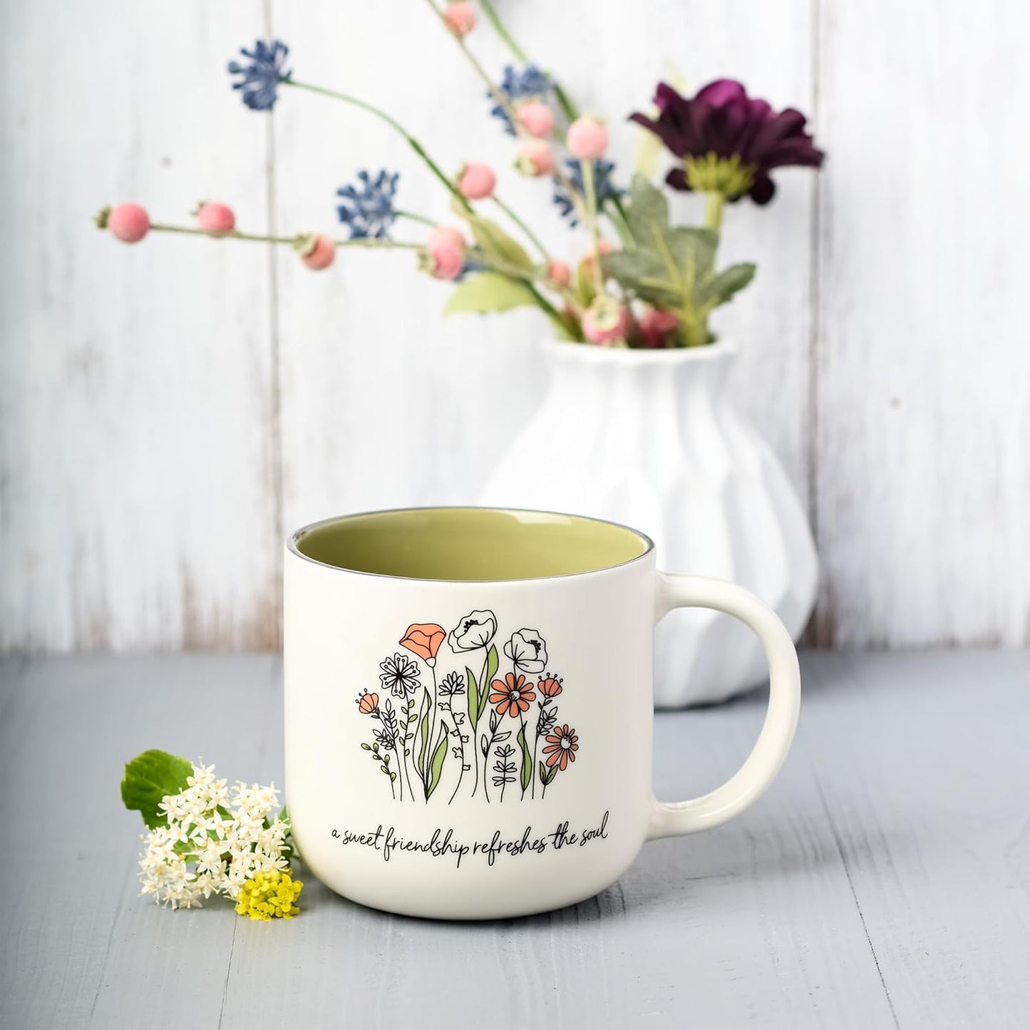 Christian Art Gifts Sage Green Floral Ceramic Coffee Mug – 15 oz. Microwave and Dishwasher-safe Inspirational Scripture Coffee and Tea Mug for Friends with Bible Verse: Sweet Friendship –Proverbs 27:9