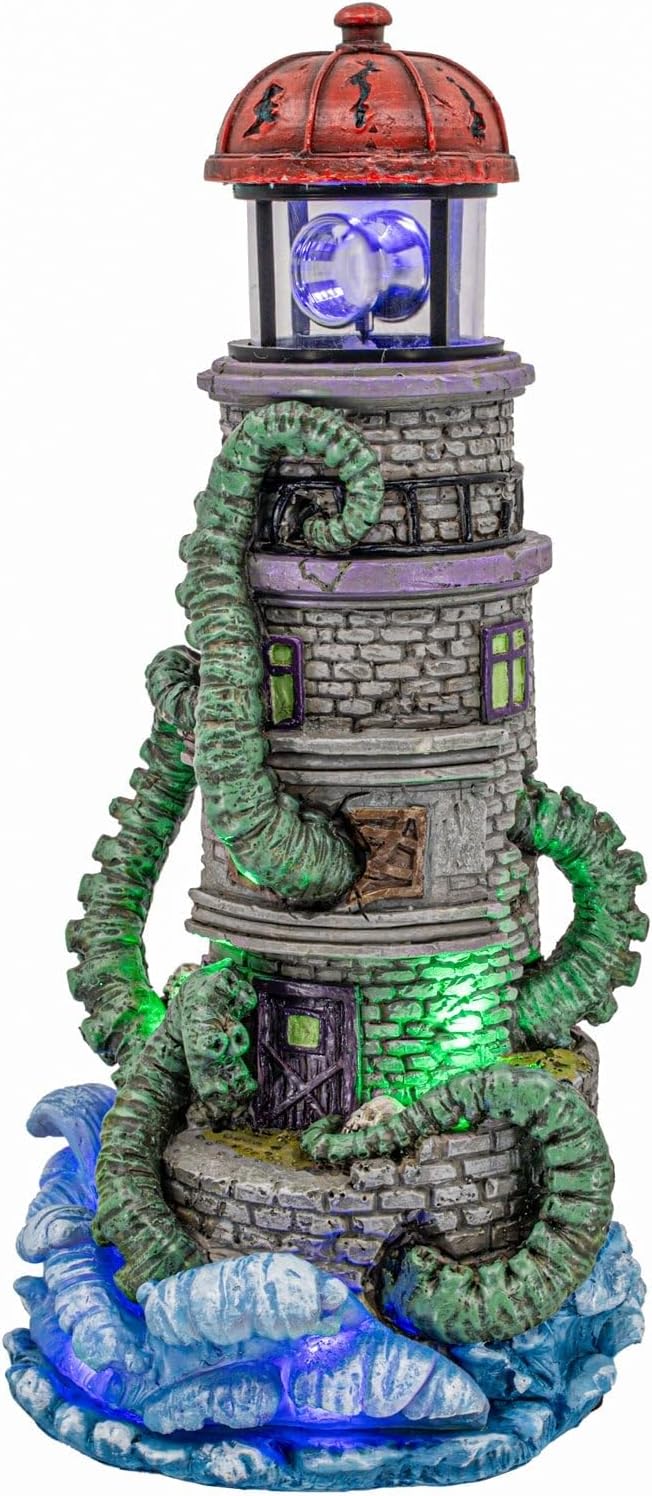 Lighthouse Attack Kraken Theme Spooky Halloween Village Multi-Color LED Lights, Animated Rotating Food Light and Music 6" x 5.5" x 12"