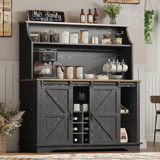 47 Inch Farmhouse Coffee Bar Cabinet with 3-Tier Storage, Kitchen Hutch with 9 Wine Racks & 3 Glass Holders, Coffee Bar with 6 Hooks, Wine Bar Cabinet for Dining Living Room, Black
