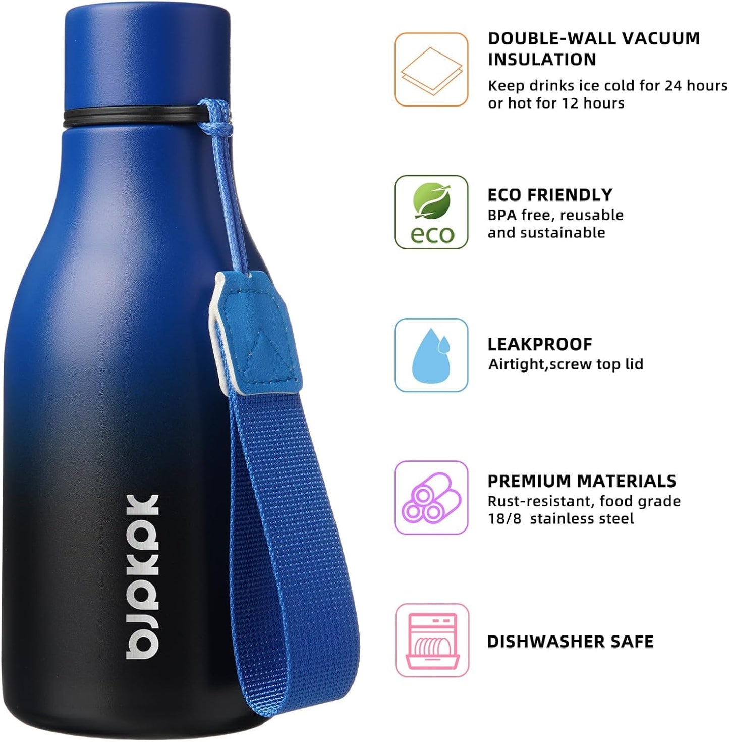 BJPKPK Insulated Water Bottles, 12oz Stainless Steel Metal Water Bottle with Strap, BPA Free Leak Proof Thermos, Mugs, Flasks, Reusable Water Bottle for Sports & Travel, Blue Black