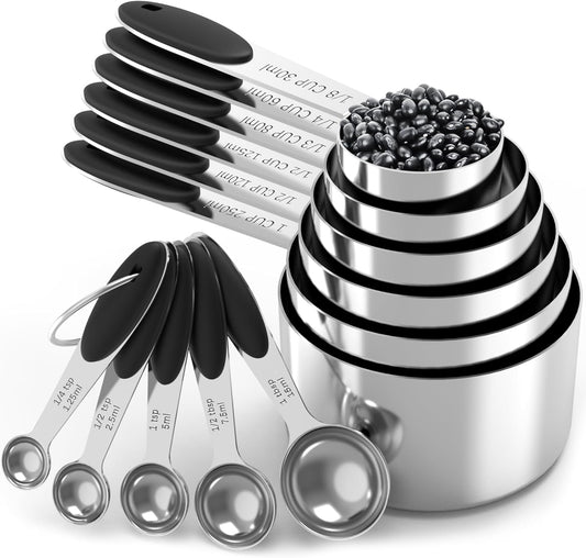 TILUCK Measuring Cups and Spoons Set, Stainless Steel, Kitchen Utensils for Cooking and Baking (11, Black)