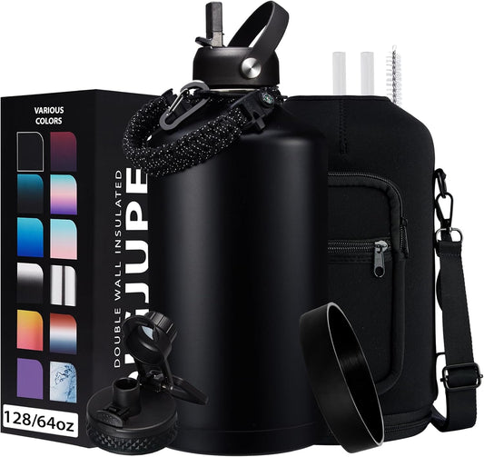 128OZ Insulated Water-Bottles with Strap - 1 Gallon Large Water Jug with Straw & Spout Lid, Stainless Steel Water Bottle Leak Proof, Cold-48h Hot-24h Metal Water Flask w/Paracord Handle, Carrier Bag